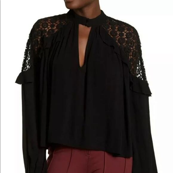Free People Black Lace Cold Shoulder Mock Neck Choker Cutout Top Size XS - Picture 1 of 11